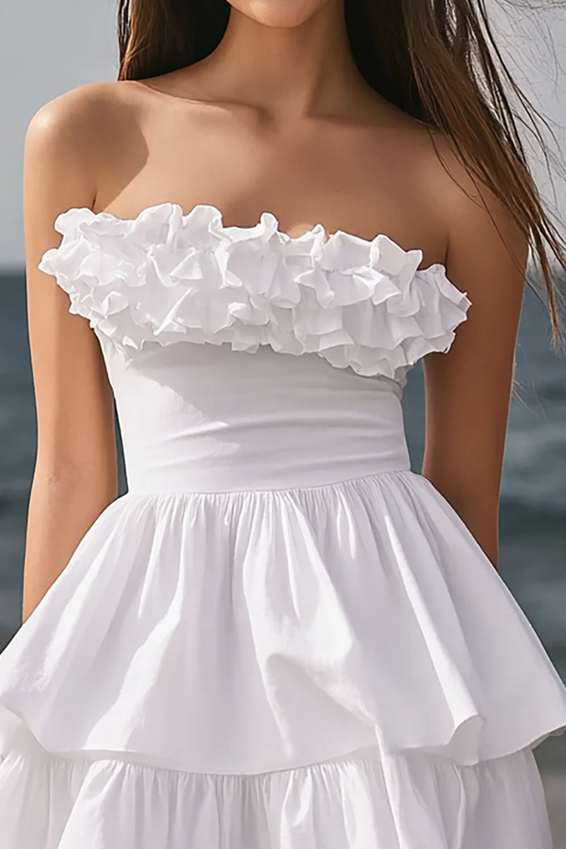 Load image into Gallery viewer, Ivory Tiered A Line Strapless Short Bachelorette Dress with Ruffles