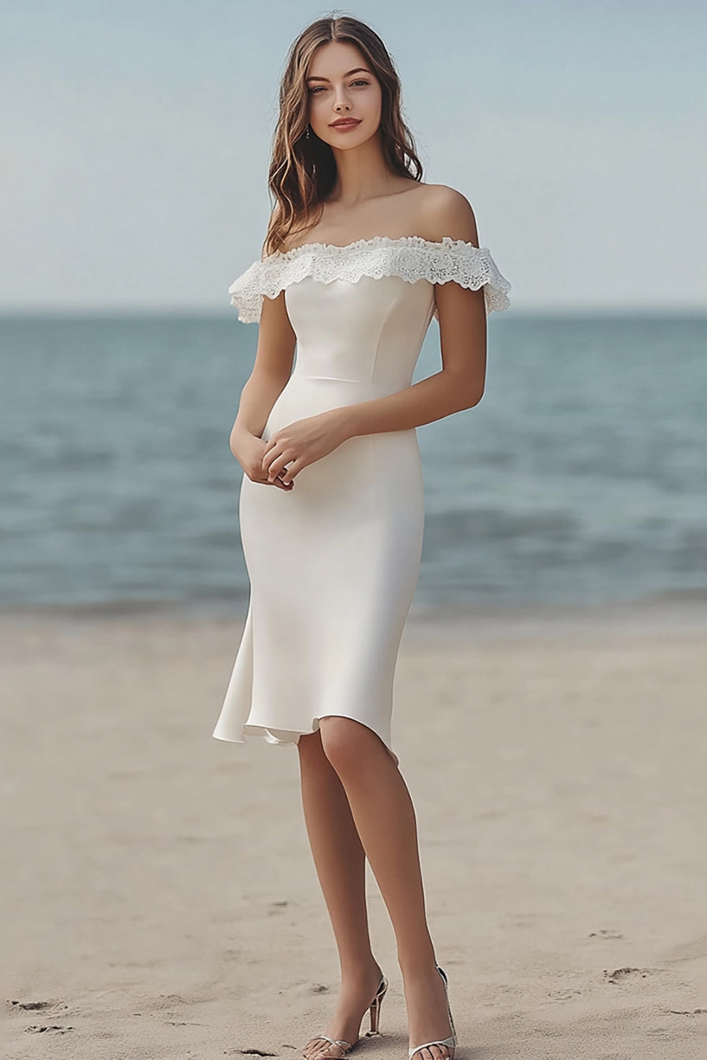 Ivory Bodycon Midi Satin Bridal Shower Dress with Lace