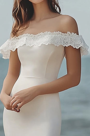 Ivory Bodycon Midi Satin Bridal Shower Dress with Lace