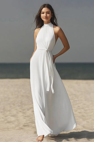 Ivory Chiffon High-Neck Maxi Rehearsal Dinner Dress with Sash