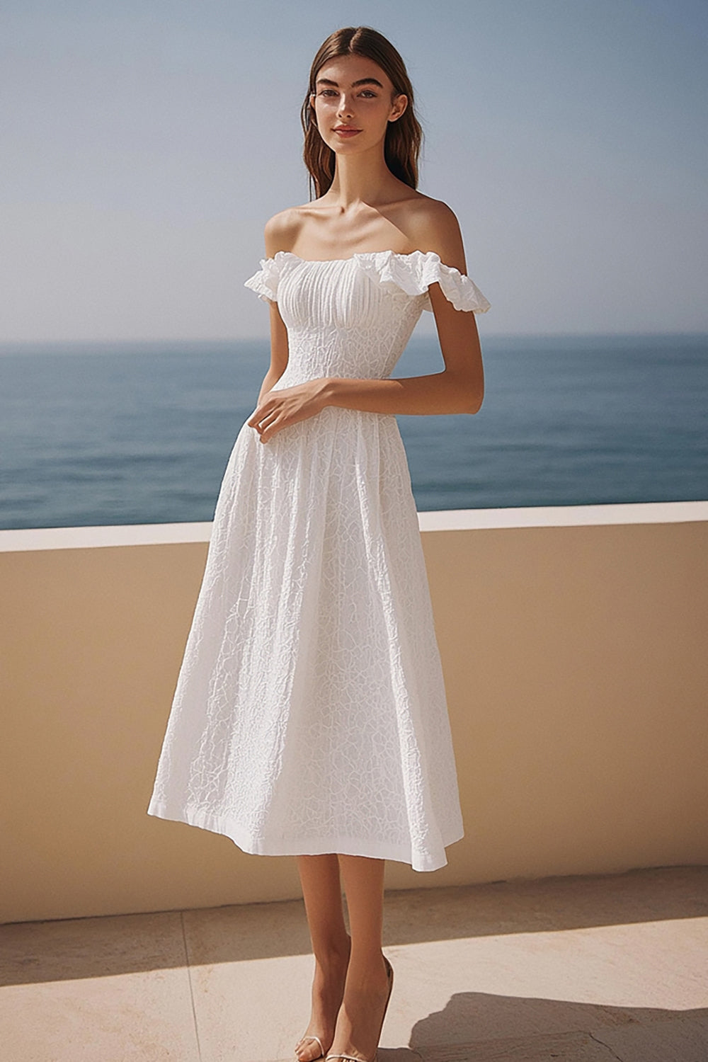 Lace Ivory Off the Shoulder Midi Wedding Reception Dress with Ruffles