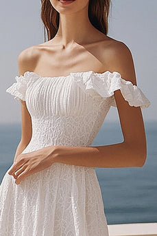 Lace Ivory Off the Shoulder Midi Wedding Reception Dress with Ruffles