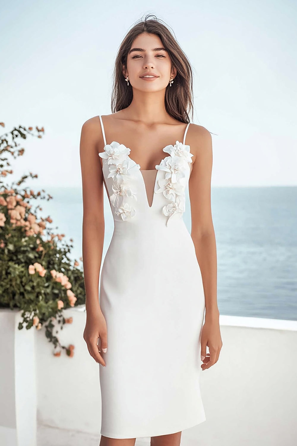 Floral Ivory Satin Bodycon Midi Bridal Shower Dress