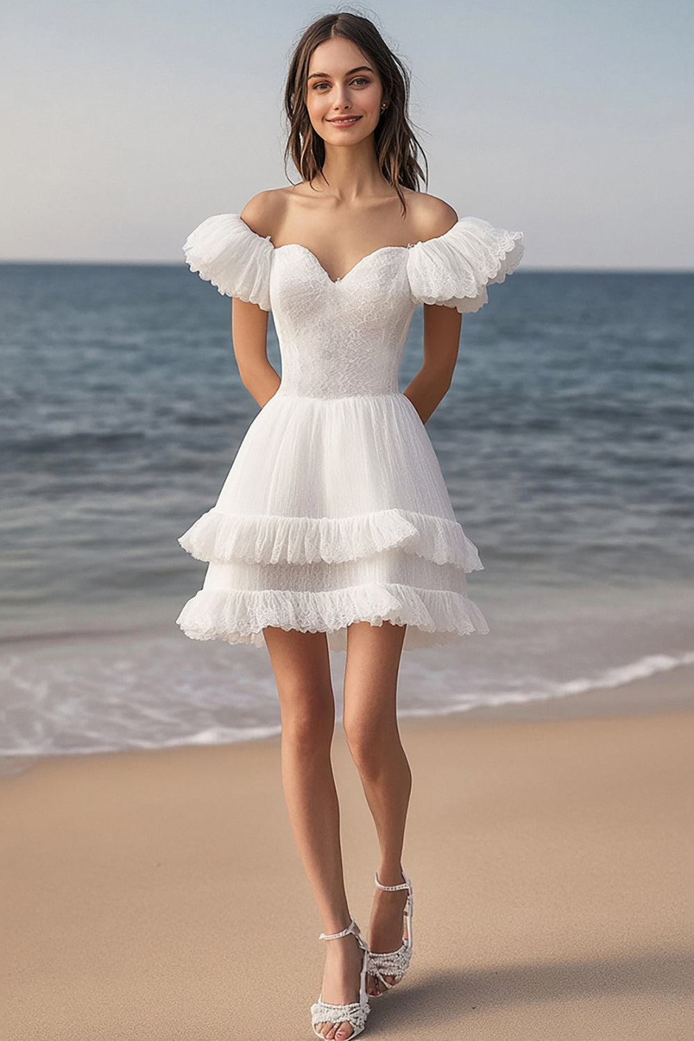 Ivory Lace Tiered Short Bachelorette Dress with Ruffles