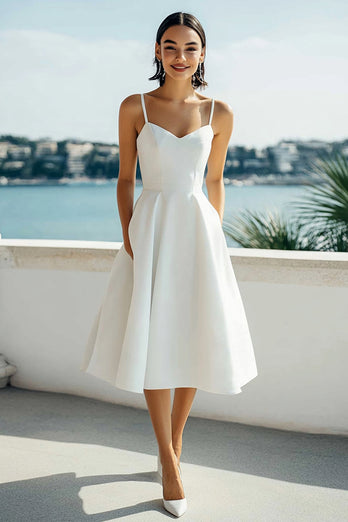 SimpleIvory  Satin Spaghetti Straps A Line Midi Bridal Shower Dress