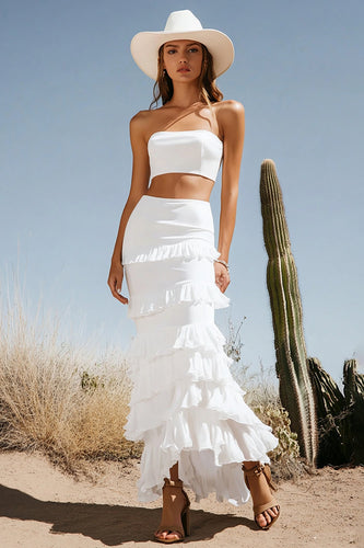 Ivory Tiered 2 Piece Maxi Boho Western Wedding Dress