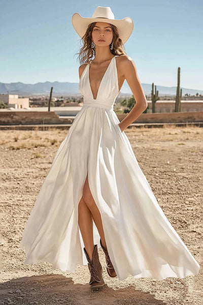 Ivory Satin V-Neck Maxi Boho Western Wedding Dress with Pockets