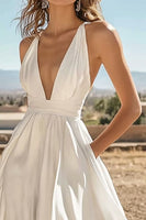 Load image into Gallery viewer, Ivory Satin V-Neck Maxi Boho Western Wedding Dress with Pockets
