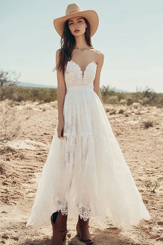 Lace Ivory A Line Strapless Maxi Boho Western Wedding Dress