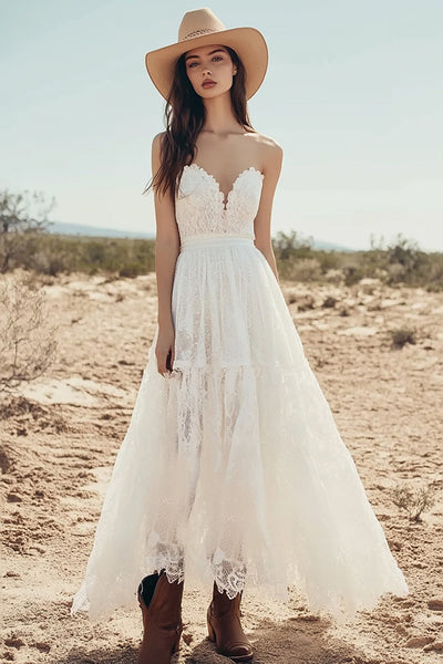Lace Ivory A Line Strapless Maxi Boho Western Wedding Dress