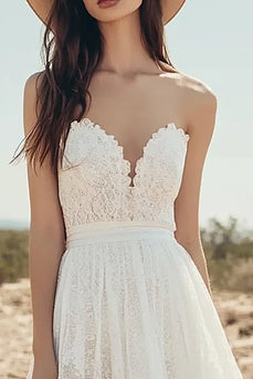 Lace Ivory A Line Strapless Maxi Boho Western Wedding Dress