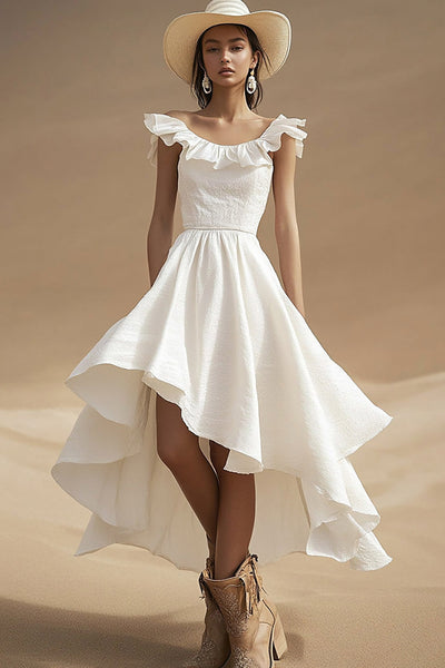 Ivory A Line Ruffled High-Low Boho Western Wedding Dress