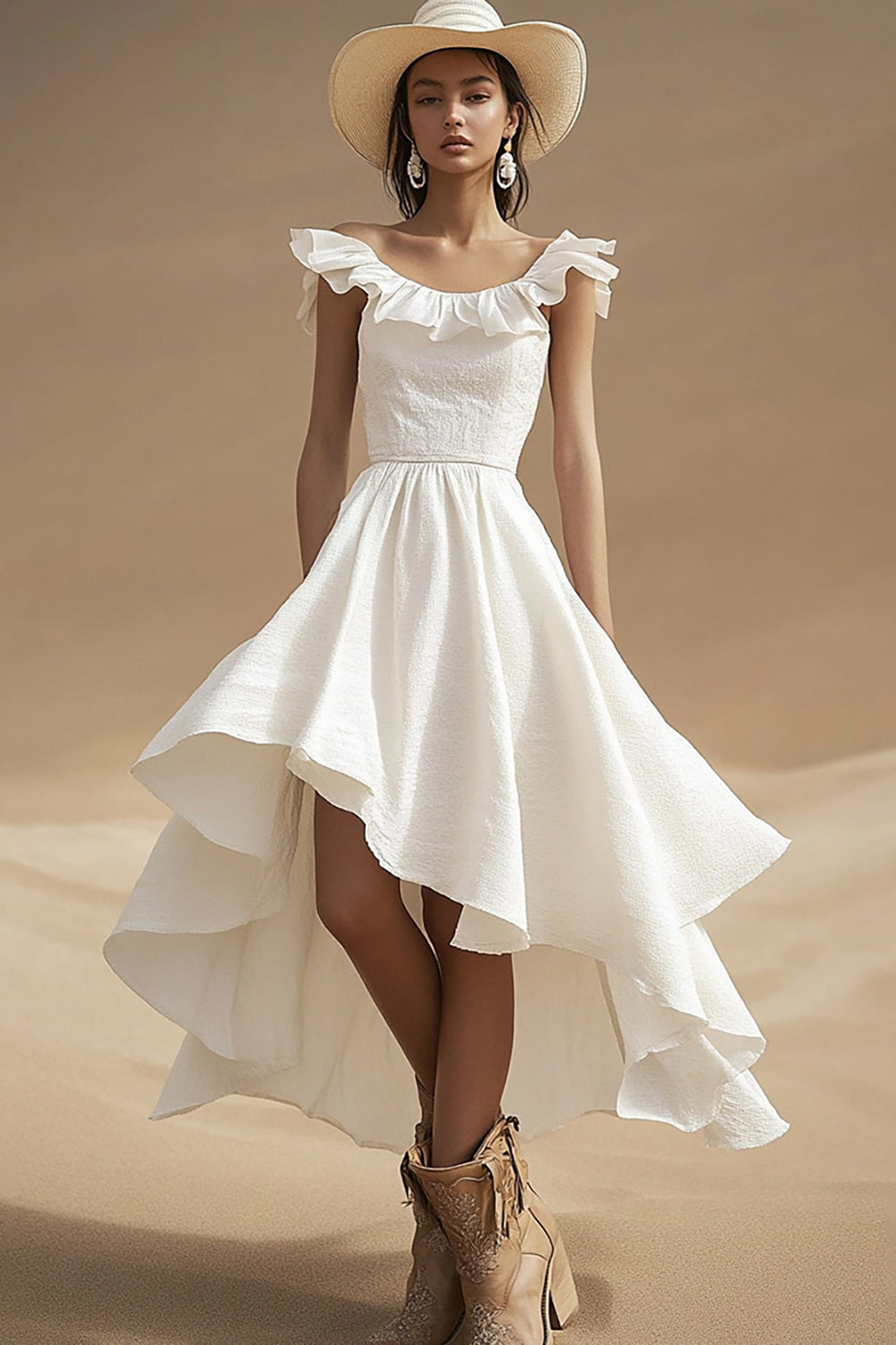Ivory A Line Ruffled High-Low Boho Western Wedding Dress