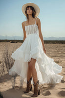 Load image into Gallery viewer, Ivory Chiffon High-Low Boho Western Wedding Dress with Lace
