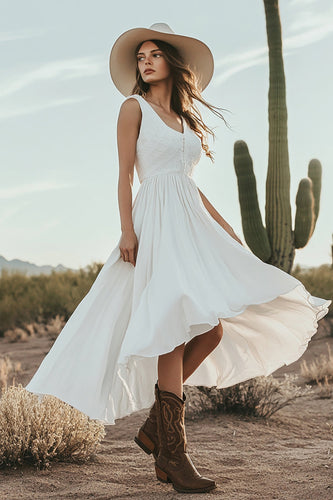 Ivory A Line V-Neck Boho Western Wedding Dress