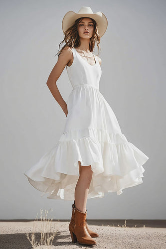 Ivory Satin Scoop Neck Midi Boho Western Wedding Dress