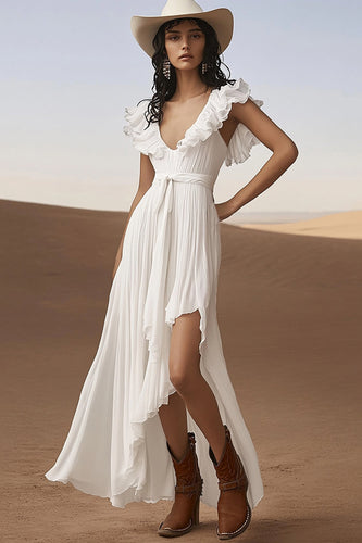 Ivory A Line Asymmetrical Boho Western Wedding Dress with Ruffles