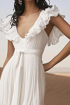 Ivory A Line Asymmetrical Boho Western Wedding Dress with Ruffles