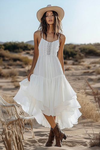 Ivory Asymmetrical Boho Chiffon Western Wedding Dress with Lace