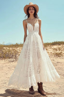 Load image into Gallery viewer, Lace Ivory Spaghetti Straps Maxi Boho Western Wedding Dress