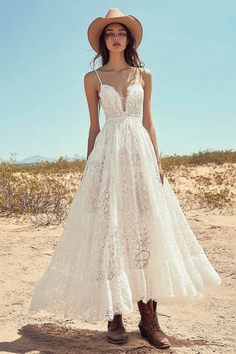 Lace Ivory Spaghetti Straps Maxi Boho Western Wedding Dress