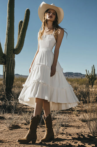 Ivory A Line Boho Midi Western Wedding Dress with Ruffles