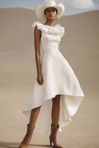 Ivory A Line High-Low Ruffled Boho Western Wedding Dress