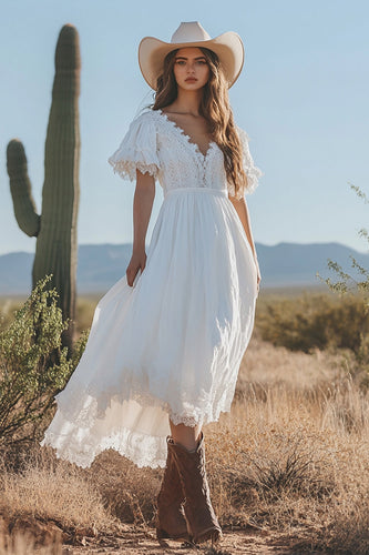 Ivory V-Neck A Line Boho Maxi Western Wedding Dress with Lace