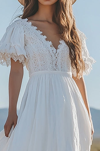 Ivory V-Neck A Line Boho Maxi Western Wedding Dress with Lace