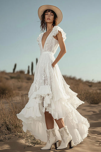 Ivory Lace High-Low Boho Ruffled Western Wedding Dress with Pockets