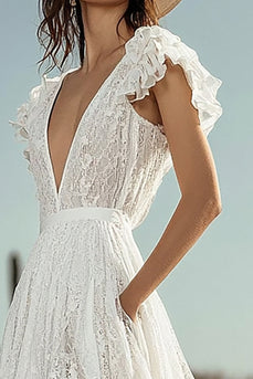 Ivory Lace High-Low Boho Ruffled Western Wedding Dress with Pockets