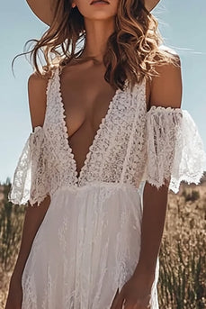 Lace Ivory V-Neck Boho Maxi Western Wedding Dress with Slit