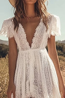 Load image into Gallery viewer, Ivory Boho Lace A Line High-Low Western Wedding Dress with Sleeves