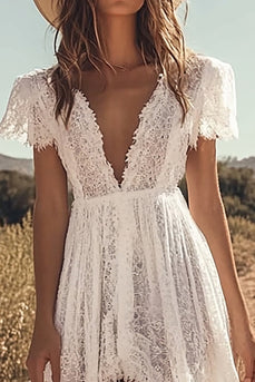 Ivory Lace A Line Boho High-Low Western Wedding Dress