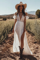 Load image into Gallery viewer, Ivory Lace V-Neck Maxi Boho Western Wedding Dress with Ruffles
