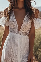 Load image into Gallery viewer, Ivory Lace V-Neck Maxi Boho Western Wedding Dress with Ruffles