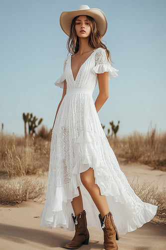 Lace Ivory V-Neck Boho High-Low Western Wedding Dress with Sleeves