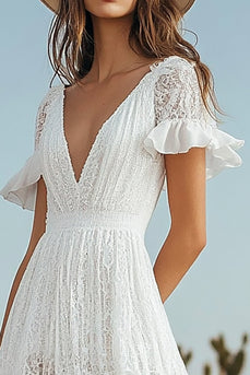 Lace Ivory V-Neck Boho High-Low Western Wedding Dress with Sleeves
