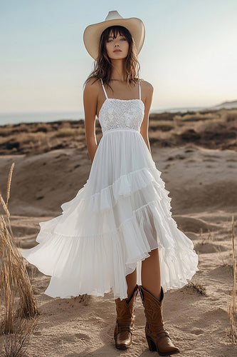 Ivory Chiffon A Line High-Low Boho Western Wedding Dress with Lace