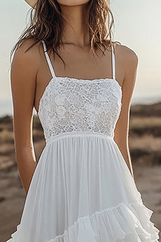 Ivory Chiffon A Line High-Low Boho Western Wedding Dress with Lace
