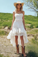 Load image into Gallery viewer, Lace Ivory High-Low Boho Western Wedding Dress with Ruffles