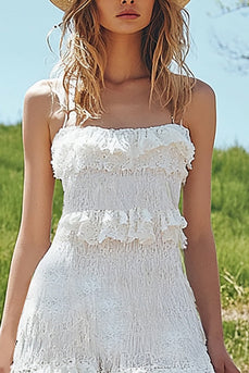 Lace Ivory High-Low Boho Western Wedding Dress with Ruffles