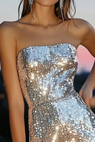 Load image into Gallery viewer, Sparkly Silver Strapless Sequin Short Tight Cocktail Dress
