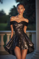 Load image into Gallery viewer, Sparkly Black A Line Off the Shoulder Sequin Short Cocktail Dress