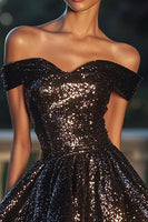 Load image into Gallery viewer, Sparkly Black A Line Off the Shoulder Sequin Short Cocktail Dress