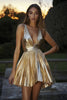 Load image into Gallery viewer, Sparkly Deep V-Neck Gold Short Metallic Cocktail Dress with Pleats