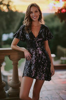 Load image into Gallery viewer, Sparkly Black V-Neck Short Sequin Cocktail Dress with Sleeves