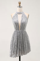 Load image into Gallery viewer, Sparkly Short Silver Sequin Halter Cocktail Dress with Keyhole