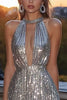 Load image into Gallery viewer, Sparkly Short Silver Sequin Halter Cocktail Dress with Keyhole