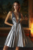 Load image into Gallery viewer, Sparkly Silver Deep V-Neck Grey Short Metallic Cocktail Dress